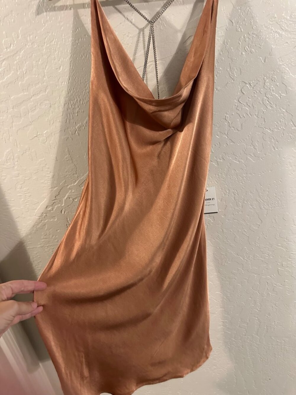 NWT Rose Gold Cowl Neck Satin Metal Chain Mini Cocktail Dress - Picture 5 of 13